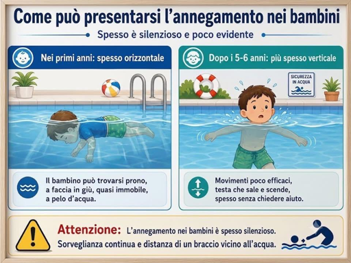 Come può presentarsi l'annegamento: da bambino può sembrare silenzioso e poco evidente, con occhi fuori dall'acqua e quasi immobili.