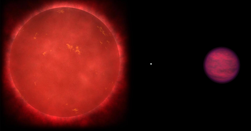 Schema del sistema triplo Wolf 1130ABC, composto dalla stella nana rossa Wolf 1130A (a sinistra), dalla sua compagna nana bianca Wolf 1130B (al centro) e dalla lontana nana bruna Wolf 1130C (a destra); i tre componenti di questo sistema sono rappresentati in scala rispetto alle loro dimensioni relative.