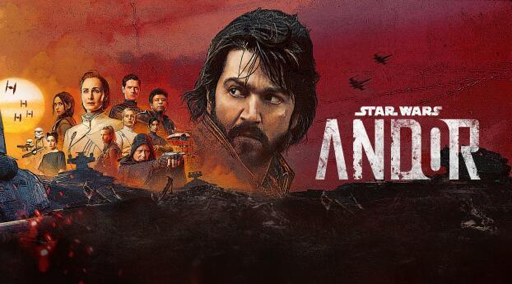 Locandina per la serie Andor.
In primo piano il protagonista che si guarda alle spalle,alle spalle in lontananza gli altri personaggi, come sfondo un tramonto rosso costellato di astronavi.