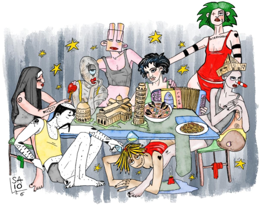 sfondo di spleen grigio con stelle gialle. ad un tavolo blu acqua senza gambe stanno tutti attorno: una donna seduta a sinistra con un copricapo da suora, canottiera e mutande nere regge una forchetta con un cuore infilzato; una femmina con ciclopia e pelle grigio luna sta indolente a braccia conserte; una figura femminile con baffetti neri e canottiera verde suona una fisarmonica; dietro a queste due, una figura femminile rosea con testa quadrata e canottiera nera guarda con indifferenza; una alta figura femminile con un occhio a croce, canottiera rossa e gonna rossa guarda fiera; una figura femminile seduta si appoggia ad un prosciutto, in testa ha un cappello di carta e il naso a stecco rosso e bianco; una figura con capelli di matite, bocca cucita ed espressione imbambolata esce da sotto il tavolo; seduto a chiudere il cerchio Saio G in canottiera gialla e mutande nere regge un calice di vino con occhi chiusi appoggiato al tavolo. Sul tavolo una tovaglia verde Italia che da una parte pende e la Sicilia in terra; sulla tovaglia il Battistero di San Giovanni, Duomo e la Torre Pendente, poi una scodella di zuppa di pesce e un piatto di spaghetti all'amatriciana.