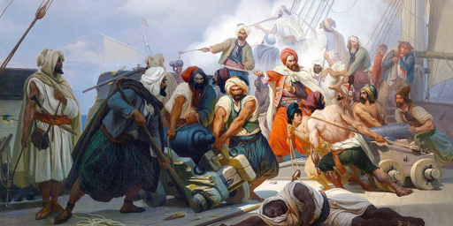 Dipinto che ritrae un combattimento con i pirati. Sul ponte della nave una animata scena di lotta, che ruota intorno ad un cannone che viene trascinato. I pirati vestono con turbanti bianchi o rossi, ed ampi mantelli blu; calzoni alla zuava sugli stessi toni di colore