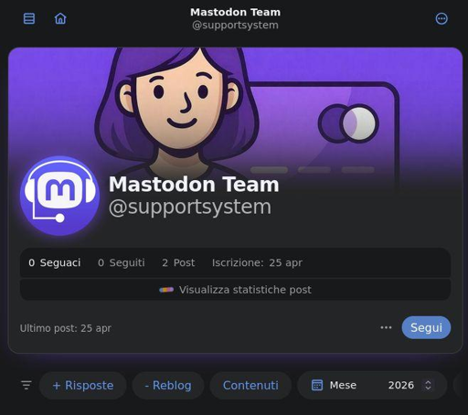 esempio di account di supporto Mastodon truffa