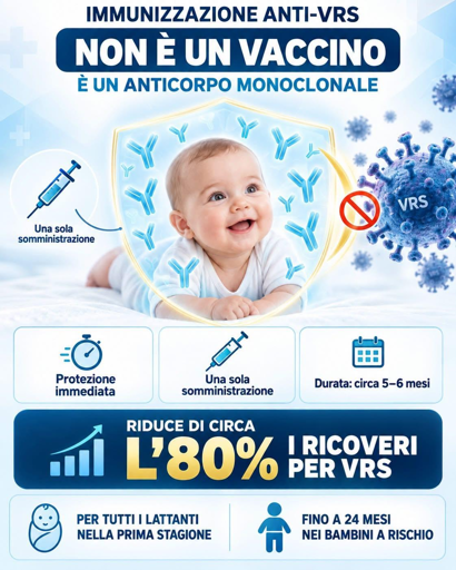 Immagine promozionale che spiega che l'anti-VRS non è un vaccino, ma un anticorpo monoclonale, con dettagli su protezione e dose.