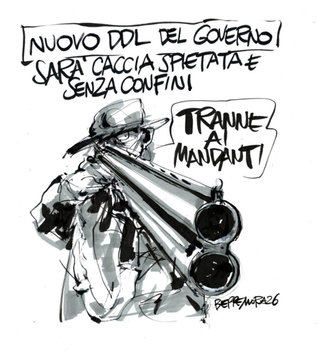 Nel disegno, un uomo con una doppietta puntata, commenta: "Tranne ai mandanti".