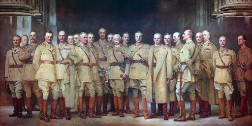 Dipinto che ritrae un gruppo di ufficiali dell'esercito americano in un palazzo europeo, durante la Grande Guerra. Sono in posa quasi tutti, come per una fotografia di gruppo, ma alcuni assumono pose più disinvolte 