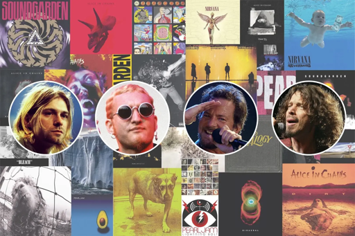 L'immagine è un collage di copertine di album di band rock, tra cui Soundgarden, Alice in Chains, Nirvana e Pearl Jam. Al centro, ci sono quattro fotografie circolari di membri di queste band: Kurt Cobain, Chris Cornell, Eddie Vedder e Eddie Vedder. Le copertine degli album sono disposte in un pattern vivace e colorato, con diverse immagini e stili artistici. Alcune copertine mostrano figure umane, altri paesaggi surreali o simboli iconici. L'immagine evoca un senso di nostalgia e celebra la cultura rock degli anni '90 e inizio '00.