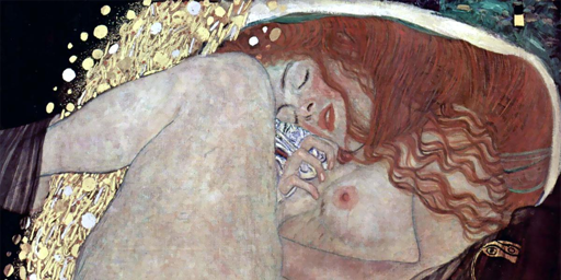 Celebre dipinto di Klimt, dedicato a Danae. La donna dai lunghi capelli rossi e la bocca socchiusa, è sdraiata nuda, raccolta su se stessa, mentre tiene gli occhi chiusi e stringe in mano un fazzoletto