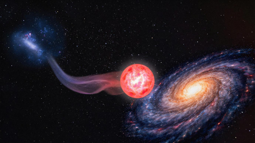 Rappresentazione artistica della gigante rossa Sdss J0715-7334, nata vicino alla Grande Nube di Magellano (in alto a sx) e migrata successivamente nella Via Lattea (in basso a dx).