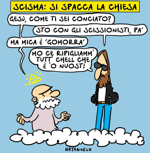 Nel disegno, Dio vedendo Gesù vestito coi jeans ed un giubbotto nero e occhiali scuri, gli chiede: "Gesù, come ti sei conciato?"
"Sto con gli scissionisti, pa'", gli risponde Gesù.
"Ma mica è 'Gomorra'", esclama Dio.
"Mo ce ripigliamm' tutt chell che è 'o nuost!", chiosa Gesù.