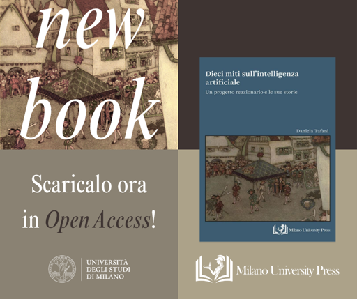 Copertina del volume di Daniela Tafani: "Dieci miti sull'intelligenza artificiale", edito da Milano University Press