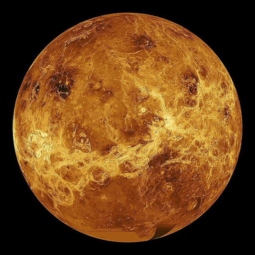 Veduta dei dati radar di Magellan della superficie di Venere, che rivelano una superficie modellata dall’attività geologica.
