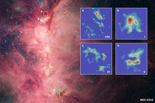Questa immagine del telescopio spaziale Spitzer della NASA mostra una regione di formazione stellare all’interno della nube molecolare NGC 6334, nota anche come Nebulosa della Zampa di Gatto. I colori corrispondono alle emissioni a 3,6 micron (blu), 4,5 micron (verde) e 8 micron (rosso). Questa nube, situata nella costellazione dello Scorpione a una distanza compresa tra 4.200 e 5.500 anni luce dalla Terra, è attivamente impegnata nella formazione di stelle massicce. I dati di ALMA sovrapposti all’immagine mostrano i dettagli di quattro aree specifiche osservate — NGC6334I, NGC6334I(N), NGC6334IV e NGC6334V — rivelando le forze invisibili del magnetismo e della gravità mentre si contendono e modellano la formazione delle stelle nel profondo della gigantesca nube molecolare. La scala di colori nelle immagini ALMA rappresenta l’intensità dell’emissione di polvere a 1,3 mm, mentre le linee ondulate indicano l’orientamento del campo magnetico.