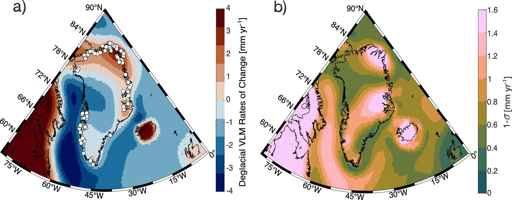 Tassi attuali di movimento verticale del terreno (VLM) guidati dal cambiamento di massa deglaciale.