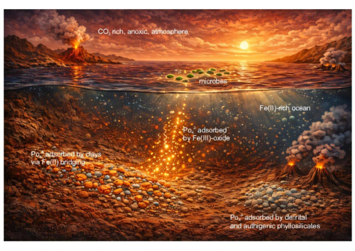 Illustrazione dell’adsorbimento del fosfato potenziato da Fe(II) sui fillosilicati negli oceani ricchi di ferro dell’Archeano, un processo che potrebbe aver limitato la produttività marina e ritardato l’ossigenazione dell’atmosfera.