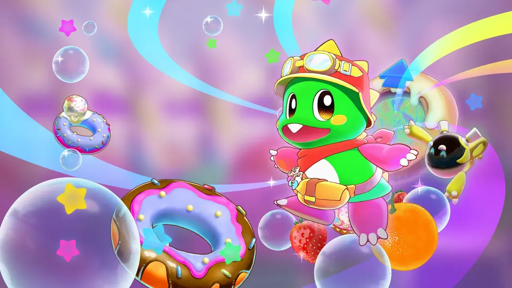 Un personaggio di Bubble Bobble, con una brillante pelliccia verde e un cappello da minatore, sorride mentre galleggia tra bolle colorate. Attorno a lui ci sono dolci colorati, come ciambelle e caramelle, creando un'atmosfera festosa e giocosa. Sullo sfondo, si notano colori pastello che aggiungono vivacità alla scena.