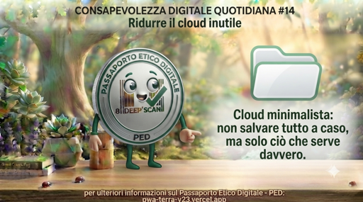 Cloud minimalista: non salvare tutto a caso, ma solo ciò che serve davvero. Backup automatici, sincronizzazioni di ogni file e archivi infiniti creano solo accumulo, duplicati e confusione. L’uso indiscriminato significa più archiviazione, più trasferimenti, più server impegnati 
Tenere il cloud pulito significa fare scelte intenzionali, ridurre il superfluo e lasciare spazio solo ai dati utili.

@ambiente @ambiente@diggita.com #passaportoeticodigitale #consapevolezzadigitalequotidiana #benesseredigitale 
