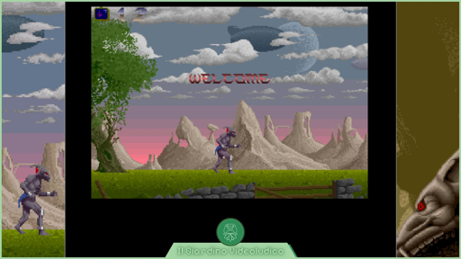 La memorabile schermata "Welcome" di Shadow of the Beast, con il personaggio Aarbron, un uomo tramutato in bestia, su una distesa pianeggiante con degli alberi e uno sfondo di montagne.