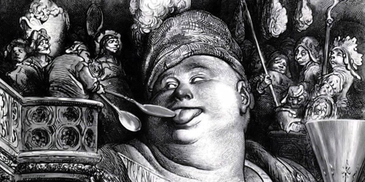 Incisione in bianco e nero che ci mostra un grassottello Gargantua che viene nutrito a cucchiaiate da un minuscolo umano