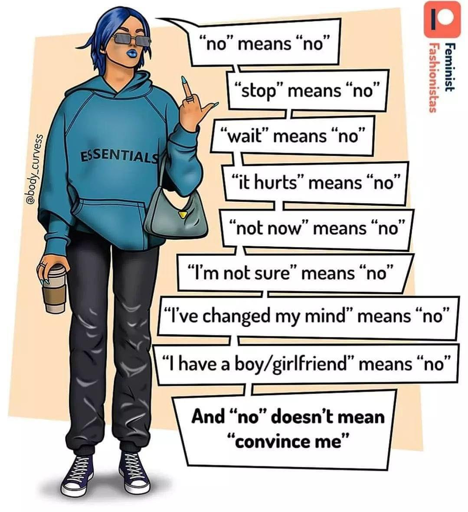 L'immagine mostra una donna con capelli blu corti, indossa un cappotto blu con la scritta "ESSENTIALS" e pantaloni neri. Porta occhiali da sole e un cappuccino in mano. La donna fa un gesto con il pollice e l'indice alzati, simbolo di "no". Intorno a lei ci sono bolle di testo che riportano frasi come "no" significa "no", "stop" significa "no", "wait" significa "no", "it hurts" significa "no", "not now" significa "no", "I'm not sure" significa "no", "I've changed my mind" significa "no", "I have a boy/girlfriend" significa "no", e "And 'no' doesn't mean 'convince me'". In alto a destra c'è il logo "Feminist Fashionistas". L'immagine è un messaggio di rifiuto e autodifesa, sottolineando che "no" è un diritto e non deve essere interpretato come un invito a insistere.