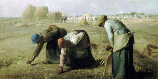 Tre donne chine a spigolare ciò che rimane nei campi dopo la mietitura, in una assolata pianura, con un borgo in lontananza. Di loro vediamo solo le schiene curve e non ne vediamo il volto