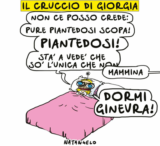 Nel disegno, Giorgia Meloni insonne nel suo letto si lamenta: "Non ce posso crede. Pure Piantedosi scopa! Piantedosi! Sta' a vede' che so' l'unica che non..."
Da fuori campo una voce la interrompe: "Mammina".
"Dormi Ginevra!", urla Meloni.