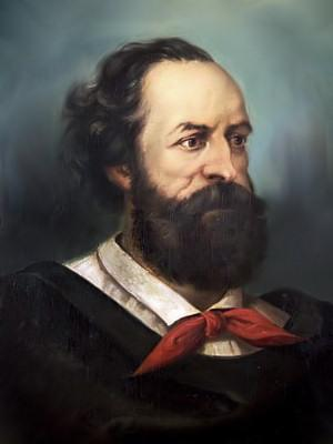 Dipinto che ritrae Felice Orsini. Folta barba nera, baffi, capelli neri che scendono sul collo, leggermente stampiato. L'espressione fiera e bellicosa è rinforzata dal fazzoletto rosso annodato al colletto della camicia, coperta da un mantello nero