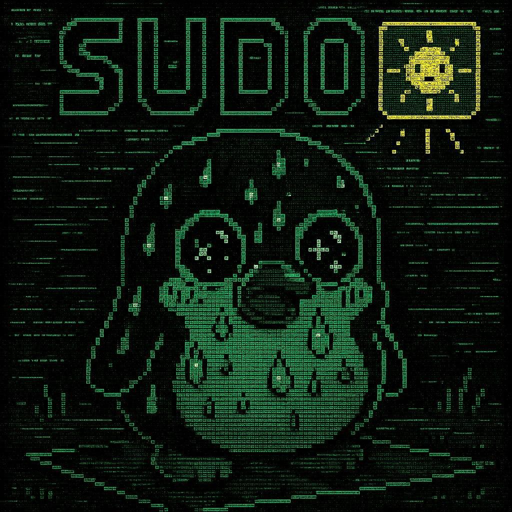 Un illustrazione che mostra un pinguino che gronda sudore, con la scritta "sudo", giocando con il doppio senso del nome del comando.