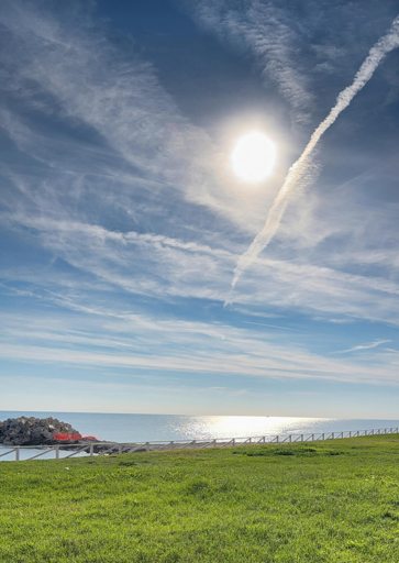 Un paesaggio luminoso e tranquillo.  Il verde del prato,  l’azzurro del mare e del cielo, illuminati dal sole