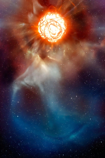 Questa illustrazione artistica mostra una stella supergigante rossa che esplode come supernova. Le supernovae di tipo II provengono da stelle massicce che, nelle fasi finali della loro vita, diventano supergiganti rosse. Nuove ricerche esplorano il funzionamento interno di queste stelle e il motivo per cui alcune delle loro curve di luce risultano così diverse tra loro.