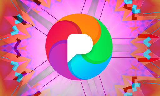  A colorful digital image with a central logo. The logo consists of a white speech bubble icon with a stylized "P" (Pixelfed) shape, overlaid on a circular design of overlapping curved segments in red, orange, green, blue, and purple. The background features a kaleidoscopic pattern of abstract geometric shapes in pink, purple, orange, and blue hues. Radiating lines extend from the central circle outward. The design is vibrant, using multiple bright colors throughout.