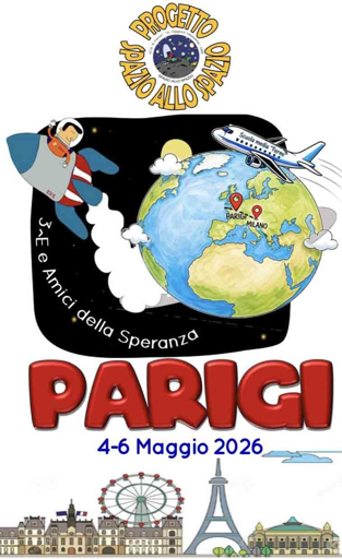 Grafica con sfondo a tema spaziale che annuncia “Missione spaziale a Parigi”. Testo in evidenza: 4–6 maggio 2026. Il 5 maggio il progetto SpazioAlloSpazio visita la sede dell’European Space Agency (ESA) e nel pomeriggio è ospite del LPTHE Jussieu alla Sorbonne Université. Atmosfera di entusiasmo e conto alla rovescia per l’inizio della missione.