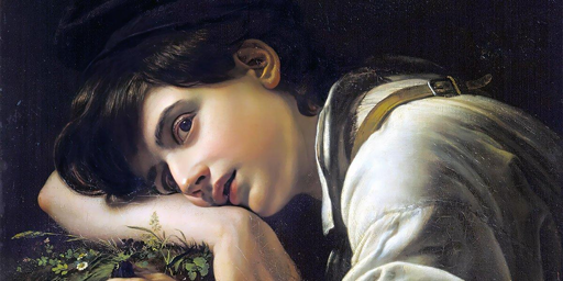 Dipinto che ritrae un ragazzino dai capelli bruni e l'aria triste, con la testa appoggiata sul braccio, sdraiato su un prato. Indossa una camicia bianca, e si vede un paio di bretelle marroni che regge i calzoncini