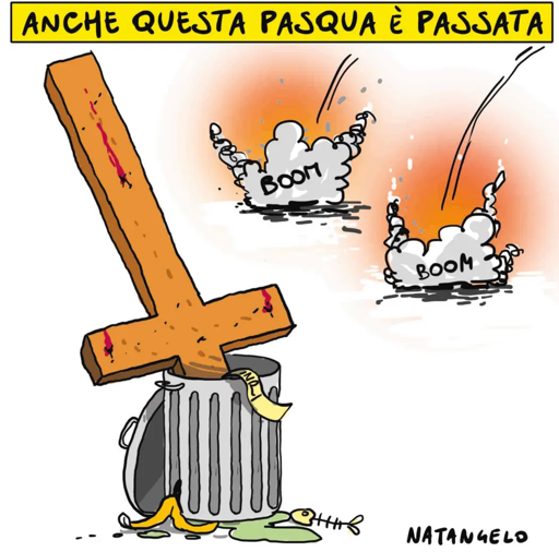 Nella vignetta, la croce sulla quale era crocifisso Gesù gettata in un bidone dell'immondizia mentre alcune esplosioni fanno da sfondo all'immagine.