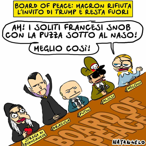 Nel disegno, la premier italiana, rivolgendosi alla strega di Biancaneve, a Dracula, a Putin e ad Al-sisi, commenta la defezione di Macron al tavolo: "Ah! I soliti francesi snob con la puzza sotto al naso! Meglio così!"