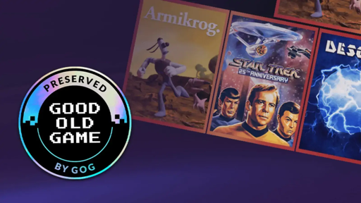 Grafica promozionale di GOG su sfondo viola scuro. A sinistra compare un bollino circolare con la scritta “Preserved Good Old Game by GOG”; a destra sono raffigurate le confezioni di Armikrog, Star Trek: 25th Anniversary e Descent, disposte in diagonale.