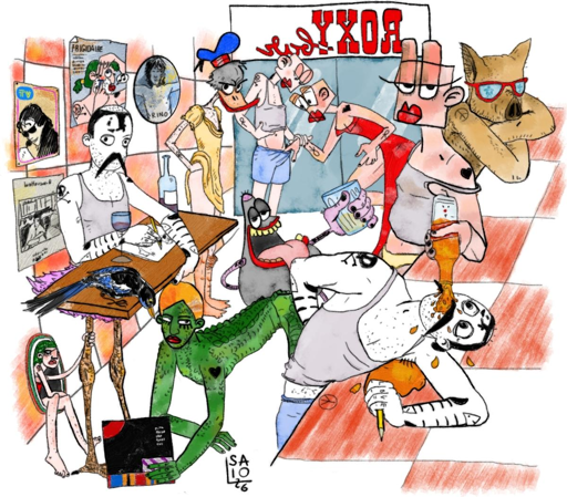 al Roxi bar. da sinistra: Saio G con gambe da cicogna regge il tavolo dove disegna, sul tavolo c'è una bottiglia di vino, un bicchiere e una gazza. Un paperino imbronciato con corpo femminino, cappello marinaro rossoblu, veste gialla, e calze arancio. due figure femminili con testa quadrata, l'una vestita di abito da sera rosso controlla con mano le intimità dell'altra vestita con canottiera e boxer. un cattivik calvo con bocca rollingstoniana alza il calice. una donna coccodrillo in terra avanza mostrando la copertina del vinile the final cut. Al banco di scacchi biancorossi: un maiale pigro con occhiali rossi a braccia conserte; una figura femminile con canottiera e mutande gialle regge una bottiglia di wishky per riversarne il contenuto nella bocca spalancata di un Saio G rovesciato. In fondo l'entrata del bar con l'insegna. Nella parete biancorossa: un poster tvsorrisiecanzoni di vasco rossi, una copertina di frigidaire dove una figura femminile si fa la barba, rino gaetano jimmorisoniato, la copertina di sono solo canzonette, un buco da cui esce una piccola figura femminile imbronciata che si aggrappa alla zampa avicola di Saio G.