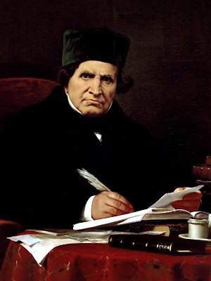 Dipinto che ritrae il Niccolini, seduto alla scrivania ed intento a scrivere i suoi drammi. Ha in testa un colbacco nero, indossa un cappotto nero ed una sciarpa nera sopra una camicia bianca; in mano ha una penna d'oca e scrive su un libro, tenendo nella sinistra alcuni fogli