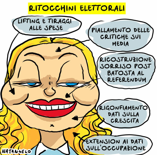 Nel disegno, un primo piano della premier Meloni visibilmente gonfiato da interventi di chirurgia estetica qui elencati:

. lifting e tiraggi alle spese

. piallamento delle critiche sui media

. ricostruzione sorriso post batosta al referendum

. rigonfiamento dati sulla crescita

. extension ai dati sull'occupazione