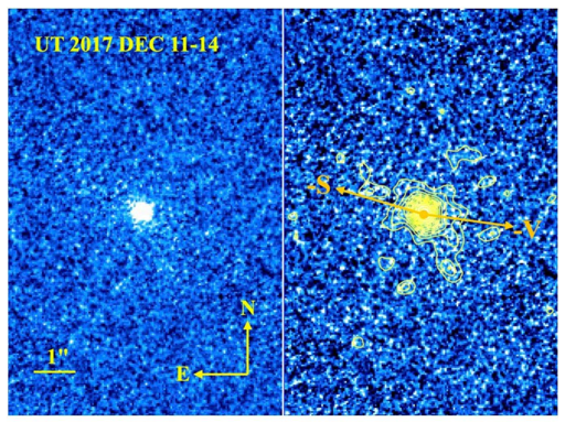 (Pannello sinistro:) Integrazione composita di 3840 s su TGK. Una barra di scala di 1″ e le direzioni cardinali indicate valgono per entrambi i pannelli. (Pannello destro:) La stessa immagine con curve di livello per enfatizzare la chioma vicino al nucleo. La freccia di direzione indica la direzione antisolare (−S) e il vettore di velocità eliocentrica negativa proiettata (−V).