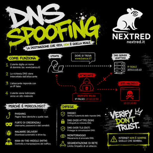 Poster in stile street art e graffiti su sfondo nero. Titolo "DNS SpoOFING" in bianco e giallo con effetto spray. In alto a destra compare il logo Nextred con un ratto stilizzato bianco. Lo schema centrale mostra un utente che cerca un sito web, mentre un attaccante intercetta la richiesta DNS e restituisce un indirizzo IP falso che conduce a un sito malevolo. Nella parte inferiore sono elencati i rischi: phishing, furto di credenziali, malware e attacchi Man-in-the-Middle. A destra sono indicate le difese: DNSSEC, DNS over HTTPS, DNS over TLS, monitoraggio DNS e segmentazione della rete. Slogan finale: "Verify, don't trust".