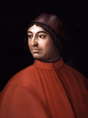 Dipinto che ritrae Angelo Poliziano. Qui è un uomo sulla quarantina, che indossa un ampio mantello rosso, e uno zucchetto marrone sopra i neri capelli, tagliati, diremmo oggi, a caschetto. Guarda verso la sua destra con aria assorta