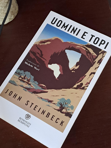 L'immagine mostra la copertina di un libro posizionato su una superficie beige chiara con un dettaglio di una borsa intrecciata in alto a sinistra. La copertina è in bianco e marrone con una rappresentazione stilizzata di un paesaggio montuoso. In primo piano, ci sono rilievi aridi e rocce scure, con una vegetazione rada. Sullo sfondo, si vedono montagne più distanti. Il testo sulla copertina è disposto in questo modo: in alto "UOMINI E TOPI", sotto "Traduzione di Michele Mari", e in basso "JOHN STEINBECK". In basso a destra, c'è un logo che include la scritta "ROMANZI BOMPIANI".

UOMINI E TOPI
Traduzione di Michele Mari
JOHN STEINBECK
ROMANZI BOMPIANI