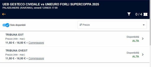 Cividale vs Forlì 
Disponibilità alta in tutti i settori.