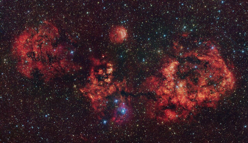 Questa immagine mostra una nube di gas e polvere a forma di pipistrello cosmico. È stata ottenuta principalmente nella luce visibile con il VLT Survey Telescope (VST), ospitato presso l’Osservatorio di Paranal dell’ESO, in Cile. Il bagliore rosso intenso proviene dagli atomi di idrogeno ionizzati dalla forte radiazione delle giovani stelle all’interno della nube. L’immagine include anche dati infrarossi aggiuntivi, acquisiti con il Visible and Infrared Survey Telescope for Astronomy (VISTA) dell’ESO, anch’esso situato a Paranal. Le nubi più evidenti sono RCW 94, che rappresenta l’ala destra del pipistrello, e RCW 95, che ne forma il corpo, mentre le altre parti del pipistrello non hanno una designazione ufficiale.
