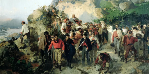 Dipinto che ritrae una scena di massa dopo il fatto d'Aspromonte. Garibaldi, ferito, è portato su una lettiga a spalla; lo circondano i suoi garibaldini, mescolati a una folla di contadini calabresi. Mentre scandono dalla montagna, altri popolani assistono al passaggio del triste corteo. In lontananza si scorge un golfo e una montagna.