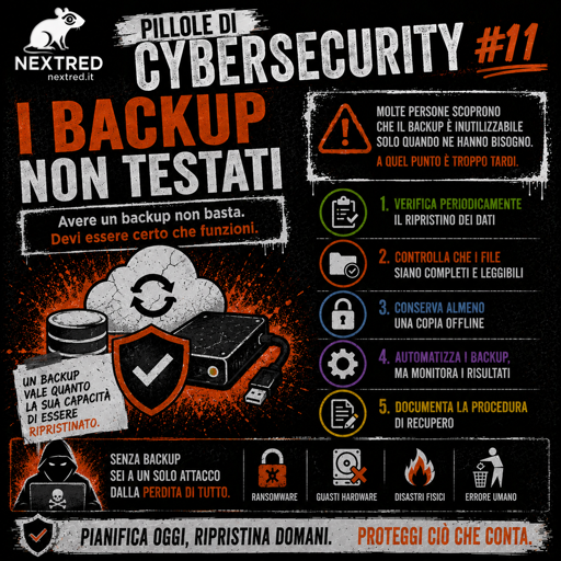 Infografica quadrata in stile urban/grunge con sfondo nero, texture effetto vernice e dettagli arancioni, bianchi e verdi. In alto a sinistra è presente il logo originale NextRed. Titolo grande: "Pillole di Cybersecurity #11 – I backup non testati".

Al centro un'illustrazione con un disco esterno, un database, un cloud con frecce di sincronizzazione e uno scudo con segno di spunta, a rappresentare un backup sicuro. Ai lati sono riportati cinque consigli: verificare periodicamente il ripristino dei dati, controllare l'integrità dei file, mantenere almeno una copia offline, automatizzare i backup monitorandone l'esito e documentare la procedura di recupero.

Una nota evidenzia che molte persone scoprono che il backup è inutilizzabile solo nel momento del bisogno. Nella parte inferiore sono illustrati alcuni rischi comuni, come ransomware, guasti hardware, disastri fisici ed errore umano. Lo slogan finale recita: "Pianifica oggi, ripristina domani. Proteggi ciò che conta."