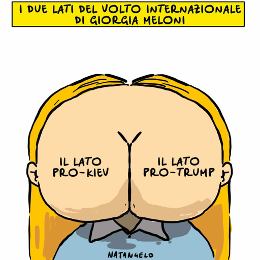 Nel disegno, un ritratto della premier italiana col volto a forma di sedere.
Sulla natica di sinistra c'è la scritta: "Il lato Pro-Kiev".
Su quella destra: "Il lato Pro-Trump".