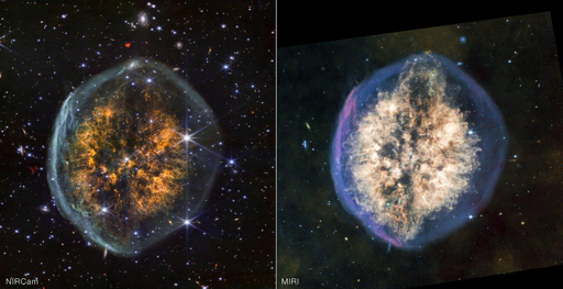 Le differenze tra ciò che gli strumenti infrarossi di James Webb Space Telescope rivelano e ciò che nascondono all’interno della nebulosa PMR 1 “Cranio Esposto” sono evidenti in questa vista affiancata. Più stelle e galassie di fondo brillano nell’immagine ottenuta con la NIRCam (Near-Infrared Camera), mentre la polvere cosmica risplende in modo più marcato nella luce catturata da MIRI (Mid-Infrared Instrument). La fascia scura centrale che contribuisce all’inconfondibile aspetto “cerebrale” della nebulosa è più evidente nella NIRCam, ma il suo apparente ruolo nell’espulsione di materiale nella parte superiore e inferiore della nebulosa si distingue più chiaramente nella visione di MIRI. Osservare il cosmo a diverse lunghezze d’onda della luce consente di ottenere un quadro più completo di come funziona l’universo.
