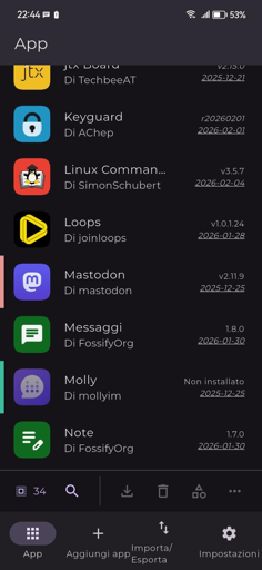 Schermata aperta dell'app Obtainium su telefono Android con una lista di applicazioni aggiornabili