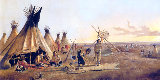 Dipinto che ritrae un villaggio di nativi americani, in una vasta pianura bruciata daal sole. In primo piano due donne stanno stendendo una pelle al sole, un bimbo siede accanto a loro; più a sinistra sotto la tenda due uomini, uno che fuma la pipa, l'altro suona il flauto